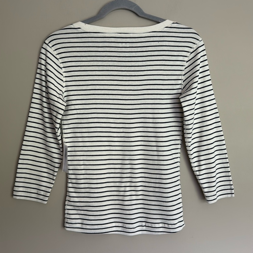 NWT- Three Dots vneck 3/4 sleeve striped shirt Egret & black striped, size XS - Picture 5 of 10